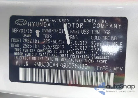 2016 Hyundai Tucson Se from USA, damaged, VIN KM8J3CA47GU076330